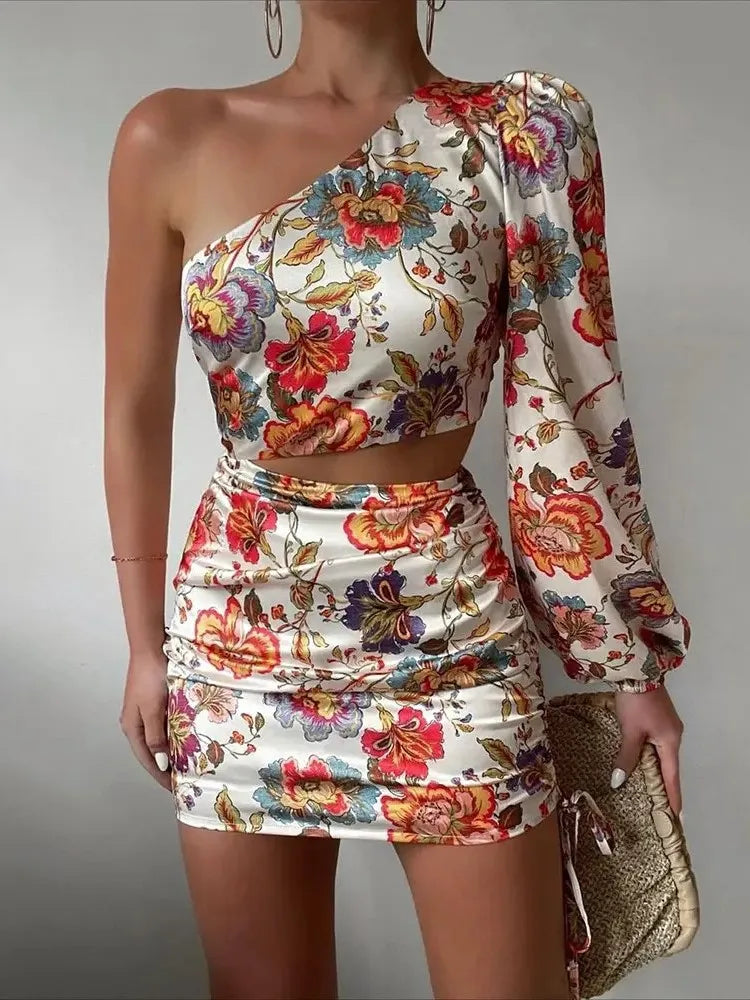 Fashionable Printed Summer New Sexy Slant Neck Single Shoulder Sleeve Off Shoulder Top Off Waist Women's Casual Short Dress